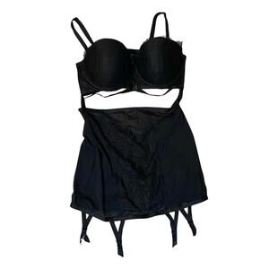 Victoria’s Secret Black Lace Bustier Garter Slip 36C strappy Lingerie sexy